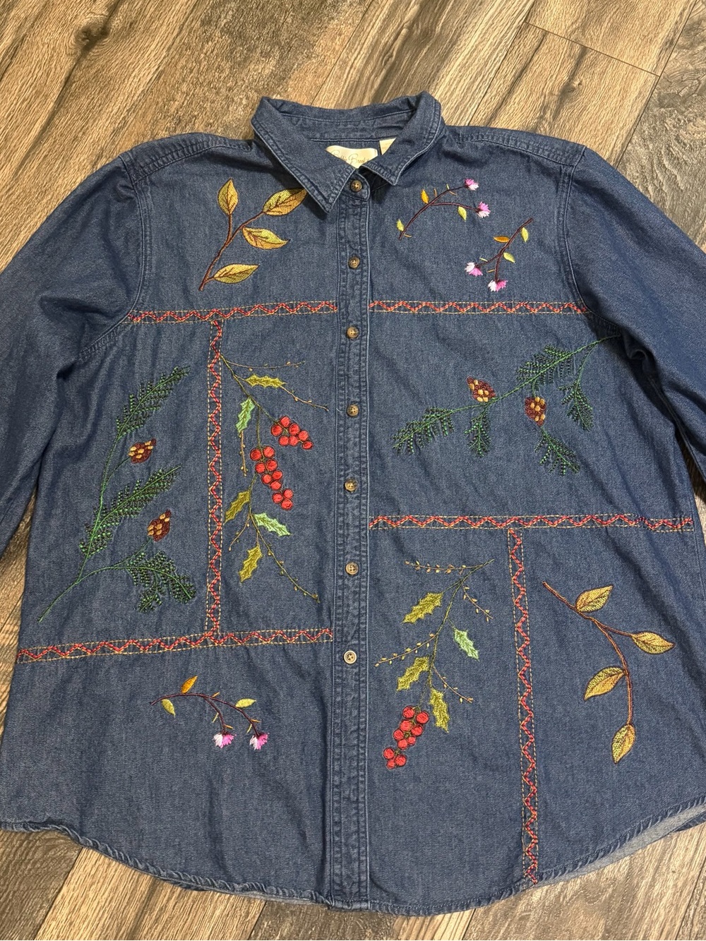 Vintage Bobbie Brooks Embroidered Denim Nature Theme Fall Long Sleeve Women XL - Picture 2 of 9